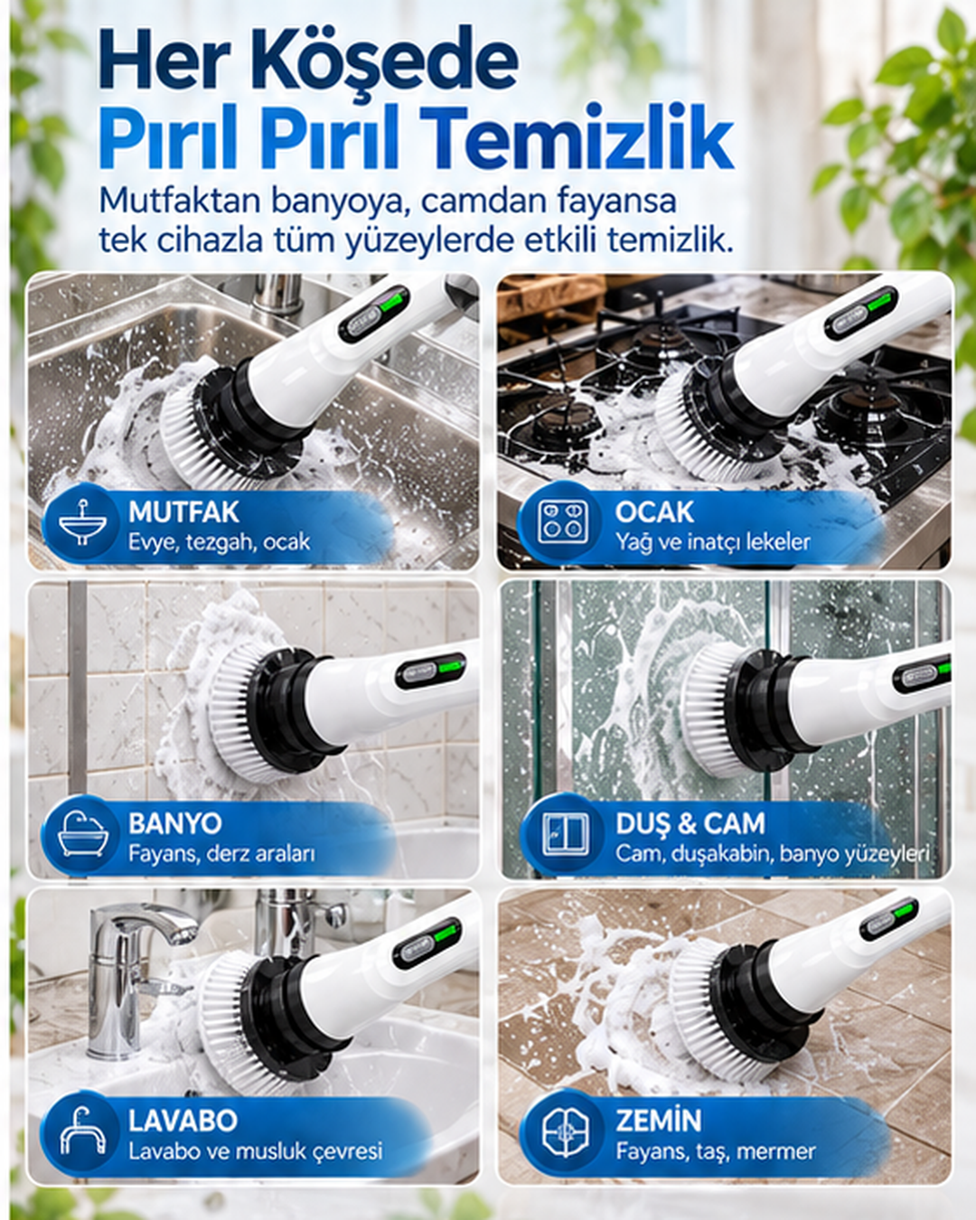 9in1 Şarjlı Temizlik Fırçası — 9 değiştirilebilir başlık