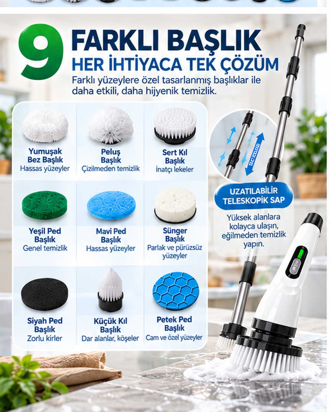 9in1 Şarjlı Temizlik Fırçası — mutfak ve banyo kullanımı